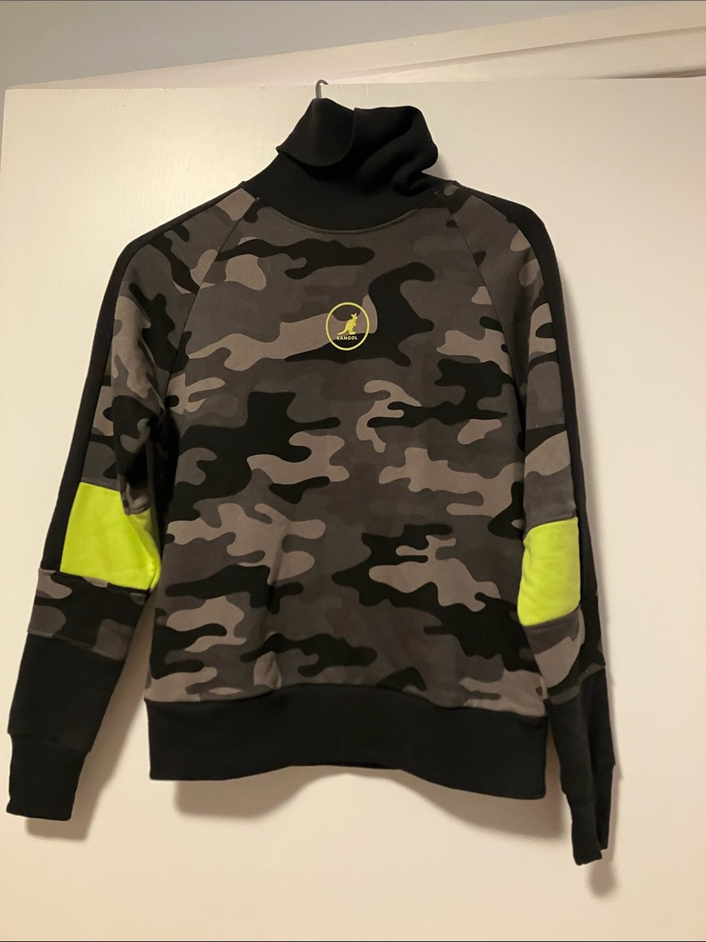 Kangol Men's Gray Green & Black Camouflage Turtleneck with Neon Yellow Accents